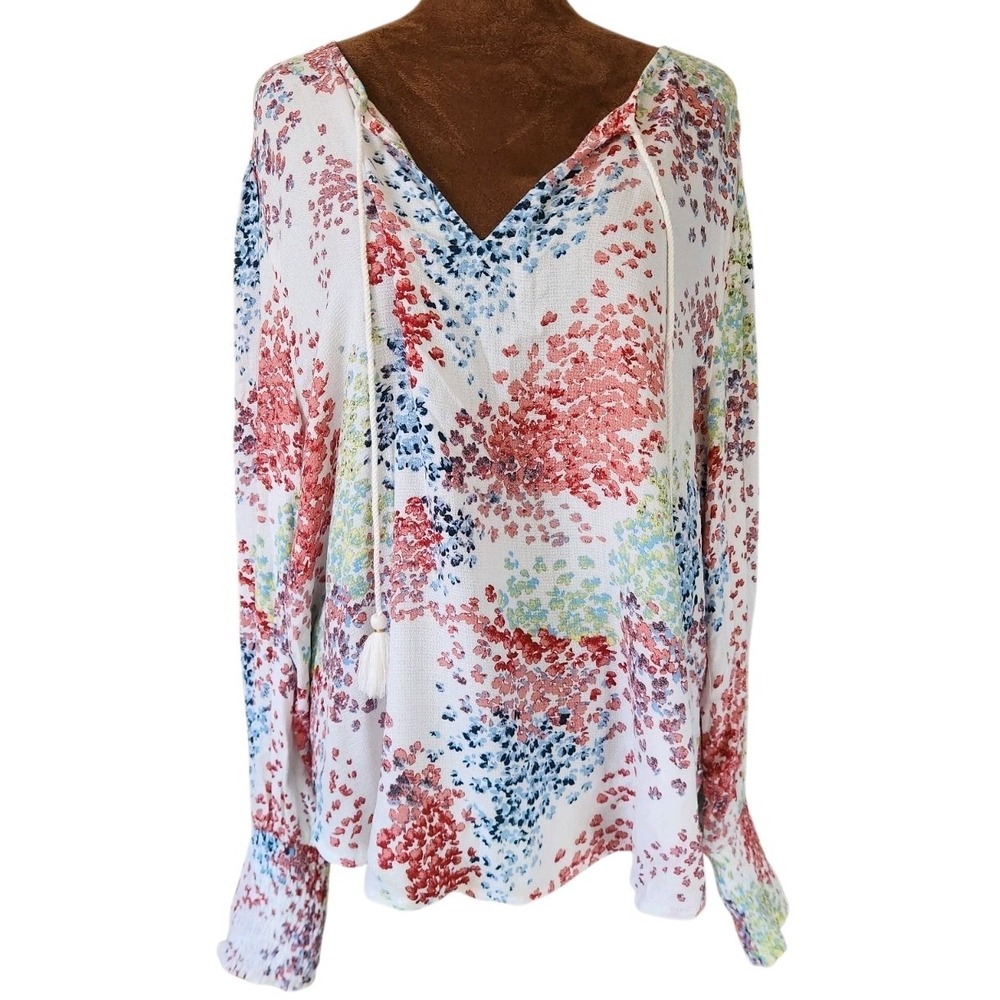Lucky Brand White Floral Peasant Top  Watercolor Smocked Sleeves Women's XL‎
